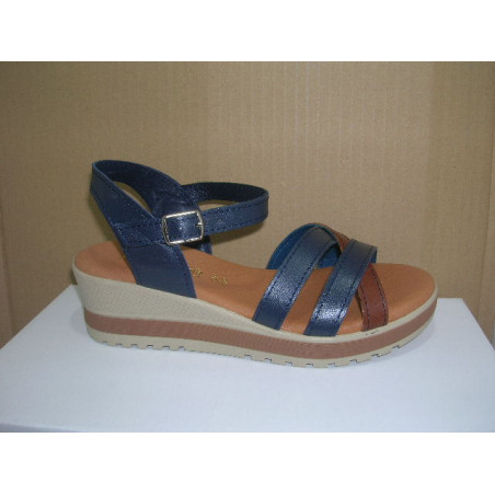 Sand cuña piel 3 tiras cruzadas